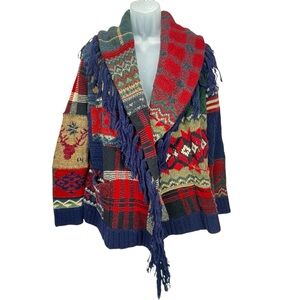 Polo Ralph Lauren Men Large Wool Americana‎ Patchwork Cardigan Sweater Fringe